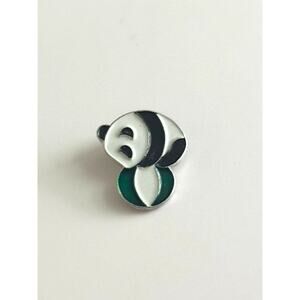 VTG 1980s Chinese Tiny Panda Bear Ball Pin Silver Tone Black White Green Enamel‎